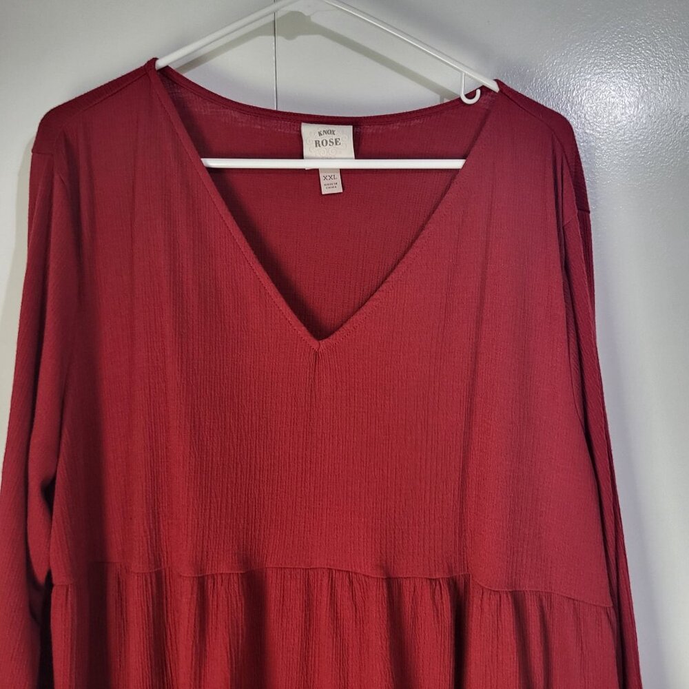 KNOX ROSE Women's XXL Baby Doll Long Sleeve Dress V Neck Boho Red - Picture 3 of 9